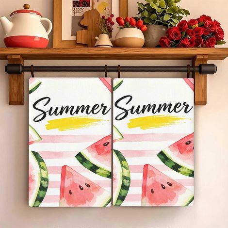 2pcs Polyester Towel Red Watermelon Floral Print Dual Use Kitchen Bathroom Warm Holiday Decor Nice Gift for Christmas Halloween Thanksgiving Fathers D (1/4)