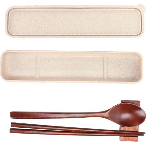Ensemble de 4 pièces en bois comprenant baguettes, cuillère et repose-mains, avec boîte. Couverts portables pour l'école et le bureau. (1/5)