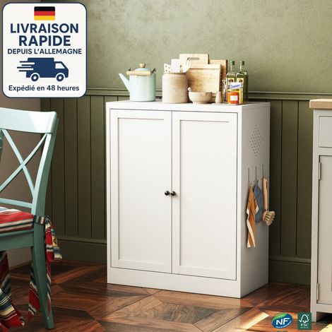 Credenza contenitore 88 x 70 x 35 cm in acciaio bianco – 2 ripiani regolabili, ganci esterni, ferramenta per montaggio a parete, montaggio incluso (1/5)