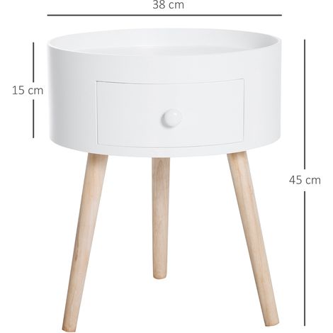 Table basse ronde avec tiroir, table d'appoint pour café, supporte jusqu'à 50 kg, 38x38x45 cm, blanc, idéale salon et chambre (1/5)