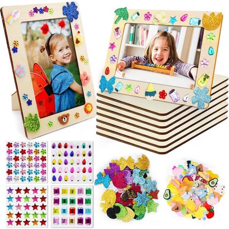 Lot de 6 cadres photo en bois à peindre avec paillettes et autocollants pour enfants (1/4)