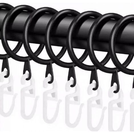 Set mit 100 geräuschlosen, runden Gardinenringen aus Kunststoff mit 100 Haken, schwarze Gardinenstangenringe mit einem Innendurchmesser von 30 mm, geeignet für Duschvorhangstangen. (1/5)