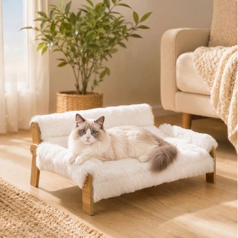 Letto per gatti e cani piccoli 70x47x30 cm in legno bianco, facile da montare FloraGrace (1/5)