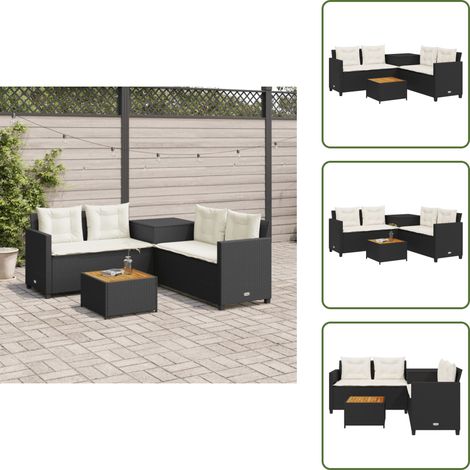 The Living Store Canapé de jardin avec table et coussins en forme de L noir - Canapé Jardin - Salon De Jardin - Meuble Extérieur - Résine Tressée - Rotin Synthétique (1/5)