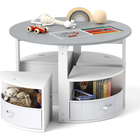 Set tavolo e sedie per bambini a 5 pezzi, Tavolo rotondo con 4 sgabelli e ripiano e 4 cassetti in tessuto Grigio e Bianco (1/4)