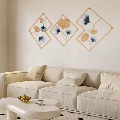 Lot de 3 décorations murales en métal - Feuille de ginkgo - Décoration murale en fer forgé - Décoration murale dorée pour jardin, salon, chambre à coucher, salle à manger, (1/5)