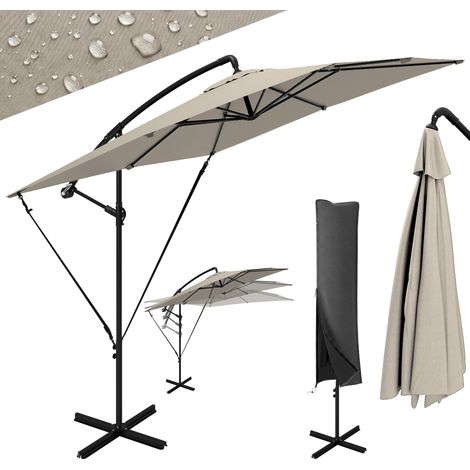 Parasol déporté 247 x 247 cm avec pied en croix et manivelle, en métal et polyester, couleur kaki (1/5)