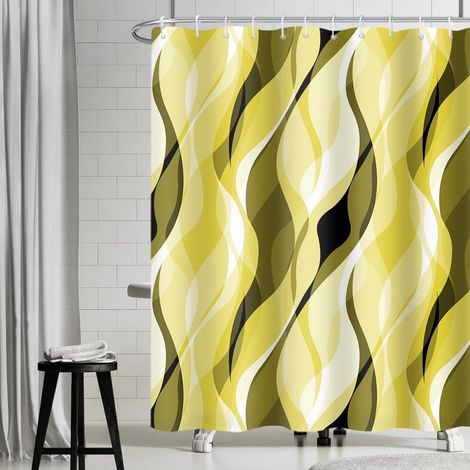 1 Rideau Douche, Tissu Polyester Imperméable, Design Rayé Jaune Vert, Avec 12 Crochets, Pour Salle De Bain (1/5)