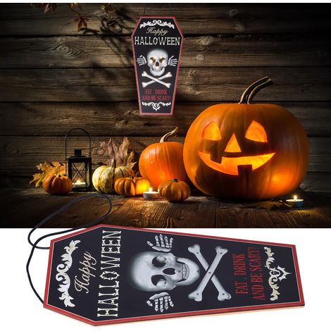 Halloween-Dekorationen: LED-beleuchtetes Holzschild zum Aufhängen, Geisterschädel und Spinne. (1/5)