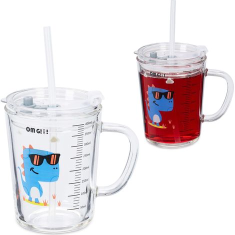 Relaxdays 2x Children's Cups, Cool Dino Motif, Kids' Drinking Glass, with Handle, Lid & Straw, 400ml Scale, Transparent (1/5)