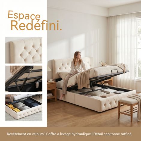 Lit double rembourré 160x200, lit 2 personnes coffre, cadre de lit avec tête de lit, Cadre avec Étagères de Rangement, lit capitonné, pour Adultes et Adolescents, abricot (1/5)