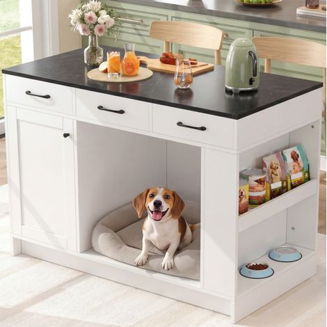 MEUBLIV Îlot de cuisine 120x60x90 cm blanc – 3 tiroirs, rangement pour animaux (1/5)