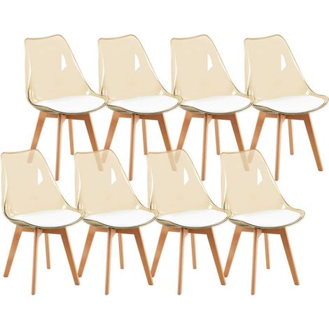 8er Set Esszimmerstühle Skandinavisch mit transparentem Braun und weißem Lederpolster (1/5)