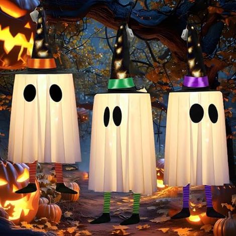 Luces decorativas de Halloween, paquete de 3 lámparas LED colgantes con sombreros de mago, 60 cm, para exteriores, para jardín, césped, porches, patio y jardín trasero (verde, naranja y morado)