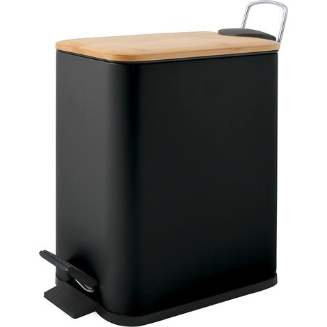 Pattumiera bagno 5 Lt in acciaio con coperchio in bambù nera con apertura a pedale Rexa (1/5)
