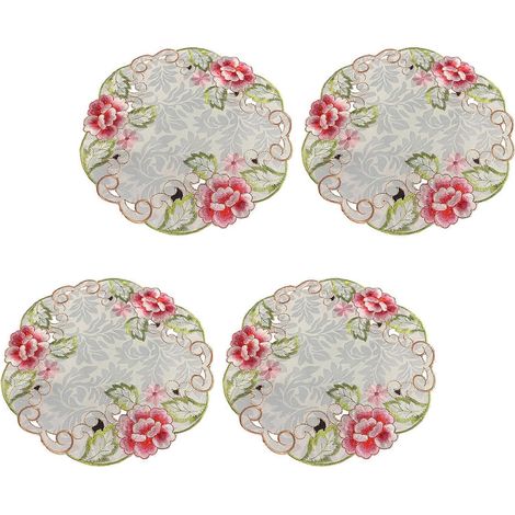 Ensemble de 4 dessous de plat ronds élégants en dentelle, motif floral rose, 30 cm de diamètre, en polyester, multicolores. (1/5)