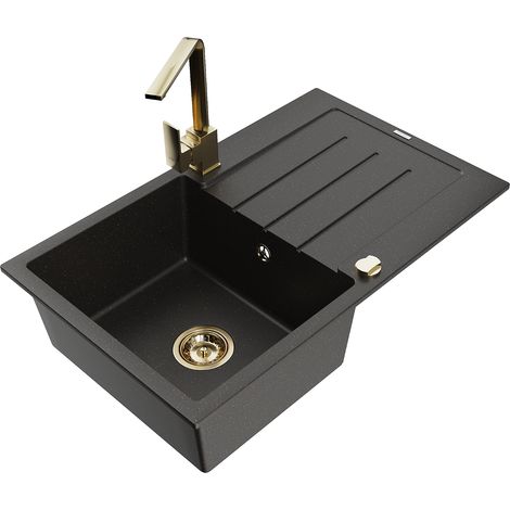 Mexen Bruno lavello in granito 1-vasca con gocciolatoio e rubinetto da cucina Rita, nero/oro metallizzato - 6513-75-670300-50 (1/5)