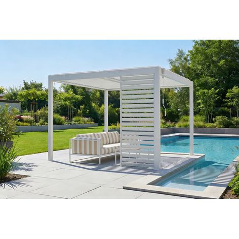 Pergola bioclimatique autoportée 3x3m PIANA aluminium blanc avec 1 persienne brise-vue