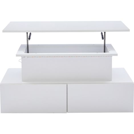 Tavolino da salotto bianco lucido con LED, piano sollevabile, 4 cassetti, 90 x 55 x 41 cm (1/5)