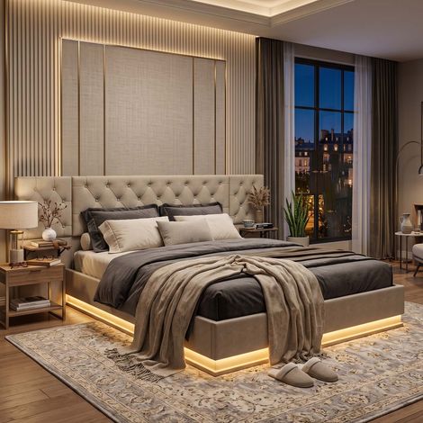 Creahappy Lit Coffre 160x200 cm Gain de Place et Rangement Tissu Beige Style Contemporain avec Éclairage LED et USB (1/5)