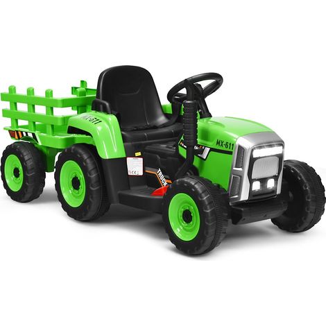 Tractor infantil de 3 velocidades tractor de paseo de 12 v con remolque extraible y luces led bocina y funciones usb verde