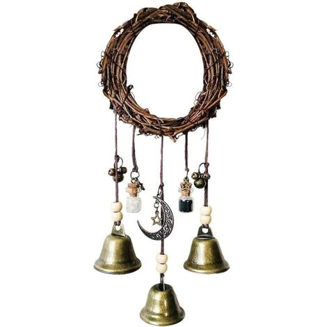 Bardusch - Carillon de sorcière fait à la main, couronne, cloches de sorcière, cloches de protection à suspendre, cloches de sorcière, carillon à vent en rotin pour décoration de porte de maison (1/4)