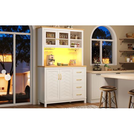 Buffet meuble de rangement pour cuisine, 105,5x40x180 cm, style champêtre, 4 portes, avec bandeau LED et porte-boissons, vert/noir/blanc (1/5)