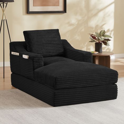 Loungesessel Schwarz aus Cord, wandelbares Bodensofa mit Doppelschicht-Design und Liegefunktion,100x162x68 cm (1/5)