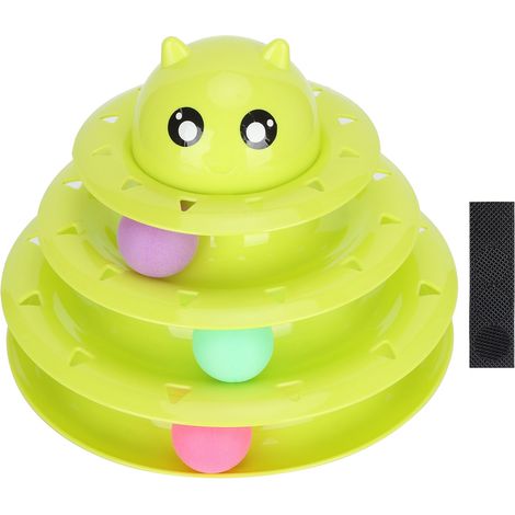 Jouet Interactif Chat - Piste à 3 Niveaux avec 3 Balles - Plastique Robuste Antidérapant - Vert - 19x24cm - Amusement et Exercice (1/5)