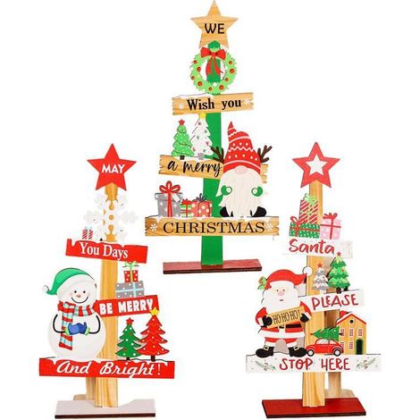 3 Pièces Arbre de Noël Père Noël Bricolage Décoration Panneaux de Noël en Bois Plaque Décoration de Noël (1/4)