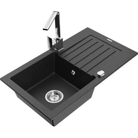 Mexen Pablo 1 Becken-Granitspüle mit Abtropffläche und Mischbatterie Rita, Schwarz/Silbermetallic- 6