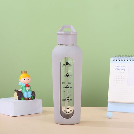 Bouteille d'eau en verre avec paille et bouchon à poignée, 700 ml. Indications de durée d'hydratation. (1/5)