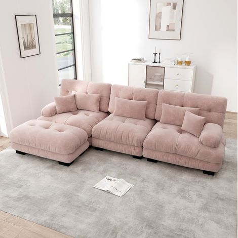 Sofá salón modular con otomana chenilla rosa OKMYHOME (1/5)