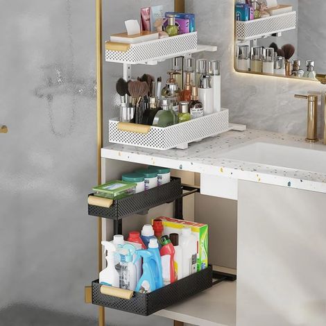 Organiseur sous évier coulissant 2 niveaux - 2 tiroirs en maille, hauteur réglable, acier carbone sans perçage pour placard cuisine/salle de bain - Blanc