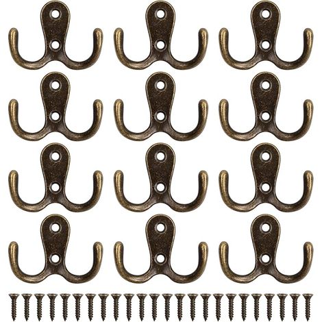 Sollbry 12 percheros de pared, estilo retro, de metal, dobles, con 24 tornillos, para baño y cocina (bronce) (1/4)