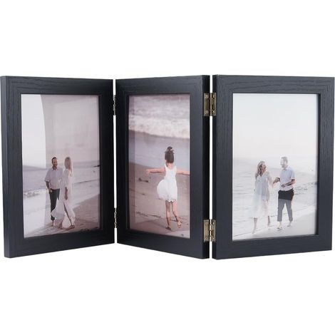 Cadre Photo Triple À Charnière 3 Pièces Affichage Pliable 17.8x8.1x0.5 Pouce/45.3x20.5x1.25 cm 3 Photo Cadre Pliant Triple pour Étagère Bureau Table de Chevet Noir (1/5)