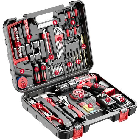 Set d'outils, tournevis électrique et perceuse, mallette de 117 pièces, Avec 1×Batterie (1/2)