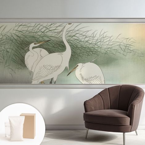 Papier peint intissé mural classique avec imprimé motifs décoratifs design élégant non‑tissé Hérons dans l'herbe 250x104 cm (1/5)