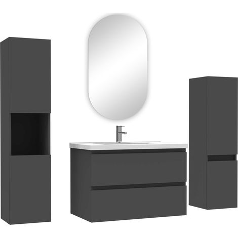 Acezanble ensemble meubles Salle de Bain 80cm vasque + colonne + miroir ovale mural Anthracite