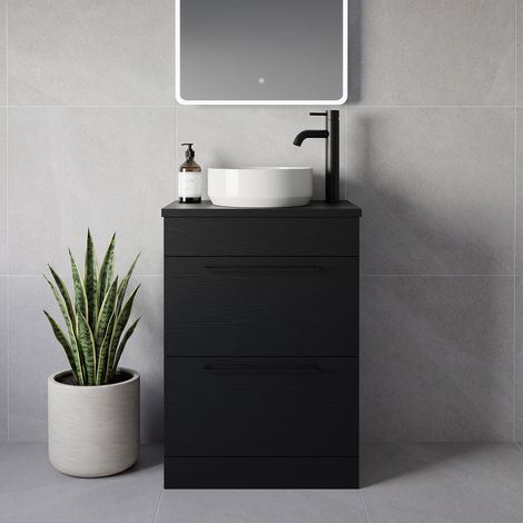 Napoli 390 Nero Oak 600mm 2 Drawer Vanity Unit for Countertop Basins - 600mm - Matt Black 320mm Handle