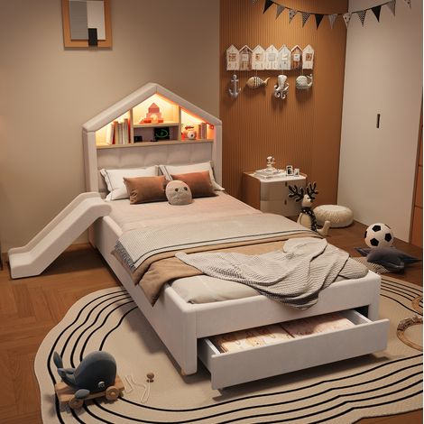 Cama infantil 90x200 cm beige de terciopelo con tobogán reversible, LED, puerto de carga y cajón (1/5)