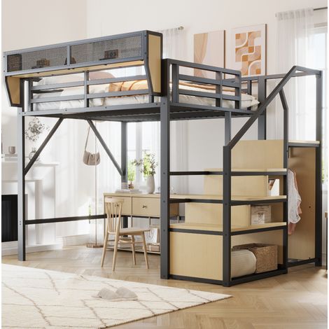 Lit mezzanine métal noir 140x200 cm avec échelle de sécurité et étagère modulable (1/5)