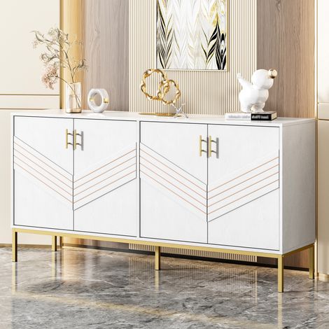 FLORAGRACE Buffet 4 portes blanc et doré, meuble de rangement moderne en MDF avec pieds métalliques, 2 étagères réglables, grand espace pour salon, salle à manger ou entrée (1/5)