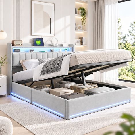 Lit coffre 140x190 cm avec sommier, lit double 140x190 avec rangement hydraulique, rangement tête de lit rabattable avec LED et USB, velours gris (1/5)