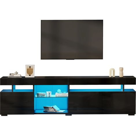 Meuble TV 180×35×45 cm Noir Haute Brillance, 3 Portes, Étagères Verre Trempé Réglables, Compatible TV 80 Pouces (1/5)