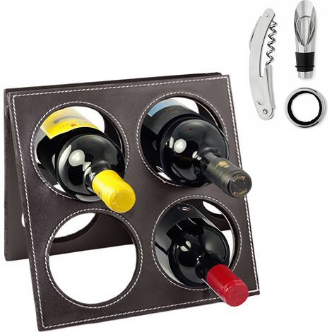 Porte-bouteilles de vin en simili cuir 4 places avec accessoires ouvre-bouteille