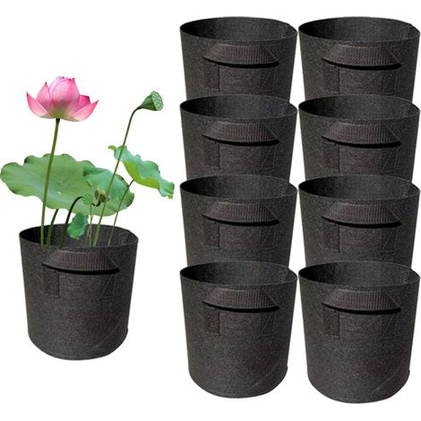 Lot de 8 Pots Plante Feutre Non-Tissé 2 Gallons 20x20cm Noir Perméable Aération Racines Jardin Intérieur Extérieur Plantation Fleurs Légumes (1/5)
