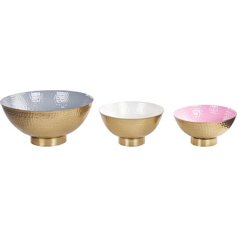 Conjunto de 3 cuencos de metal dorado gris blanco rosa acabado martillado Baru