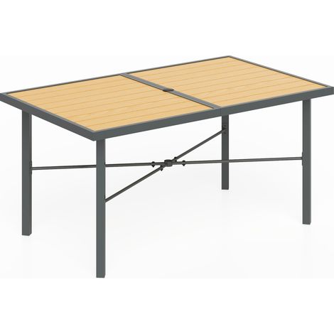 Garden Table for 6, 150 cm Rectangular Outdoor Dining Table with 5 cm Umbrella Hole, Wood Effect Top, Rust Resistant Frame, for Patio, Balcony, Terrace, Natural Wood Finish