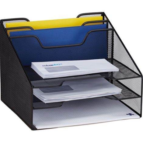 Relaxdays Rangement à documents, organiseur de table avec 5 compartiments, porte-documents, Mesh, 24x32x29 cm, noir (1/5)